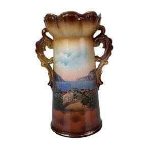 Vintage Handmade Handled Pottery Vase Landscape Lake Homes Tan Gold